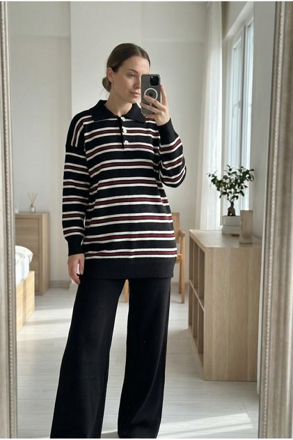 Women's Polo Neck Striped Knitwear Set |   Casual & Office Chic