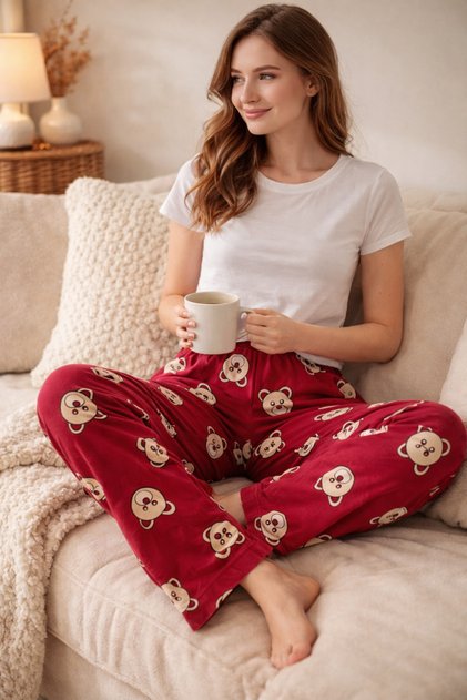 Süet Ayıcık Desenli Bordo Pijama Altı