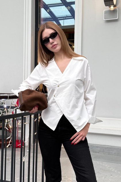 Women's Gold Buttoned V-Neck Cross Detail Poplin Shirt