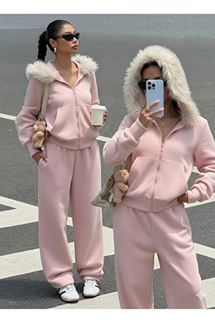 Afri Pink Zip-Up Hooded Sweatshirt Tracksuit Set – Fur-Trimmed