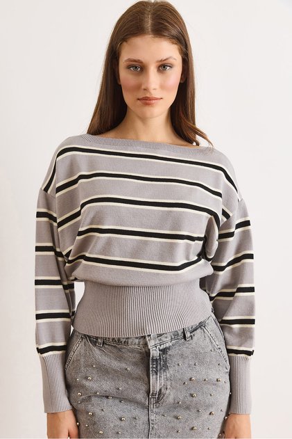 Women's Gray Boat Neck Striped Viscose Content Knitwear Sweater Kzk-19001113