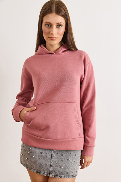 Women's Dusty Rose Hooded Kangaroo Pocket Loose Fit Fleece-Lined Sweatshirt Swt-19000797