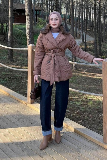Fur Collar Tie Detail Coat Chocolate Brown