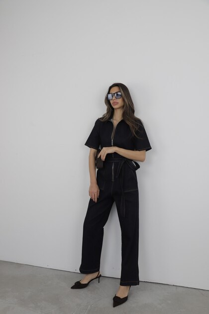 D'RECCY KADIN KEMER DETAYLI BAĞLAMALI DENİM KOT TULUM - Fiyatı