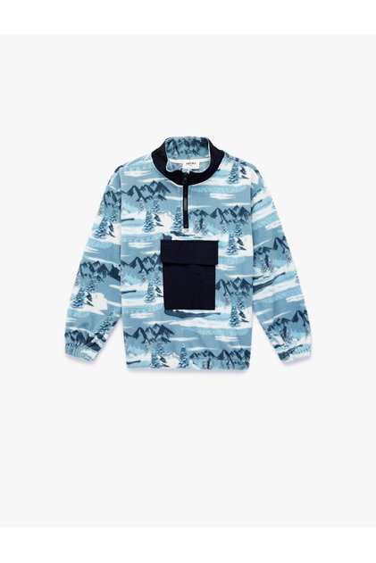 Long Sleeve Half Zipper Patterned Pocket Detailed Mock Neck Fleece Sweatshirt