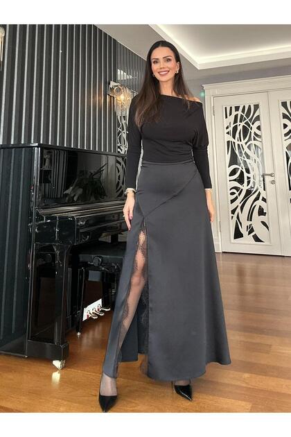 Black Slit Lace Long Satin Skirt