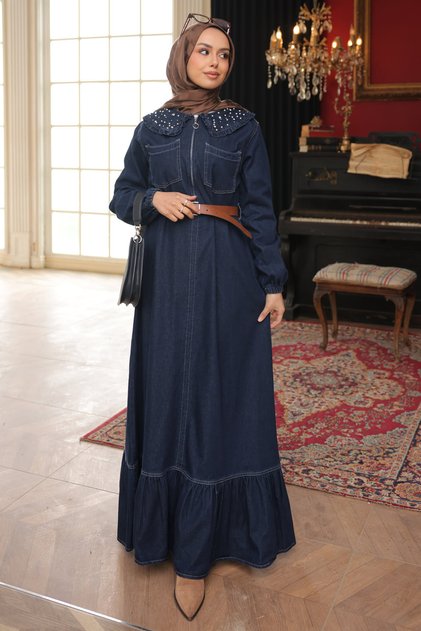 Navy Blue Collar Stone Detailed Half Zipper Belted Denim Dress