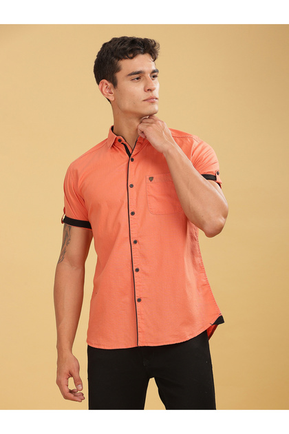 Men Orange Linen Blend Short Sleeve Shirt
