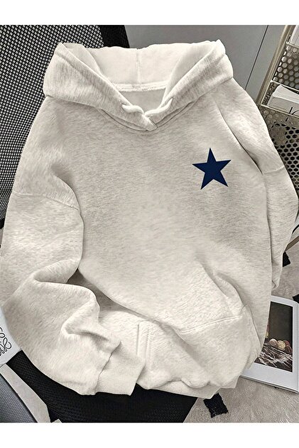 KAPÜŞONLU RAHAT KESİM YILDIZ DETAYLI SWEATSHIRT