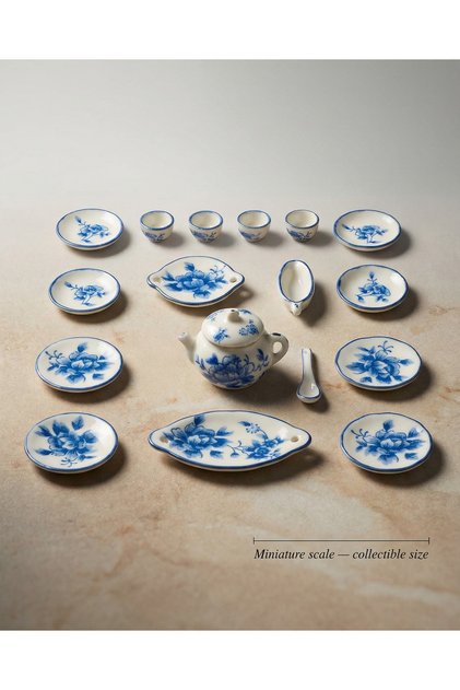 17’li Minyatür Seramik Dekoratif Set, Mavi Çiçek Desenli, Vintage Stil, Koleksiyonluk Mini Obje