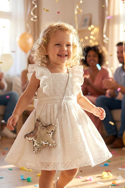 100% Cotton Stylish Special Occasion Girl's Dress with Bag and Bow, Cream