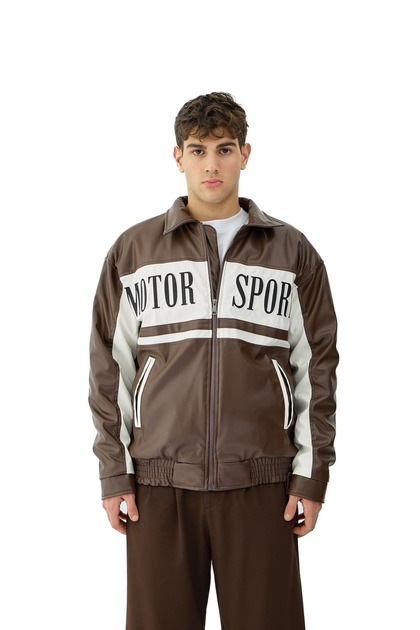 Motor Spor Nakış Detaylı Bomber Deri Ceket