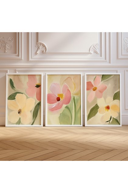 Laminated Framed Pvc Protected 3-Piece Oil Painting Look Floral Pattern Uv Printing Mdf Wall Painting Set