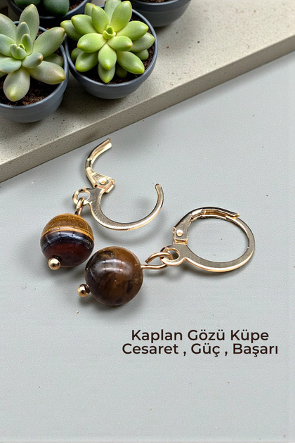 Kaplan Gözü Küpe Altın Renk Kaplama Kaliteli 8 mm Gerçek Doğal taş