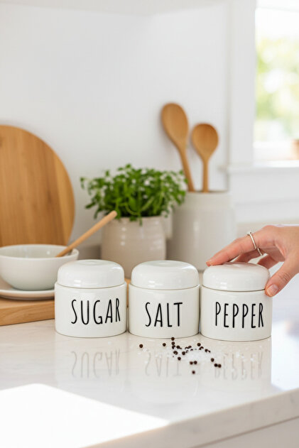 Paşabahçe Minimal Porselen Şeker Tuz Karabiber Seti 3'lü-Şık