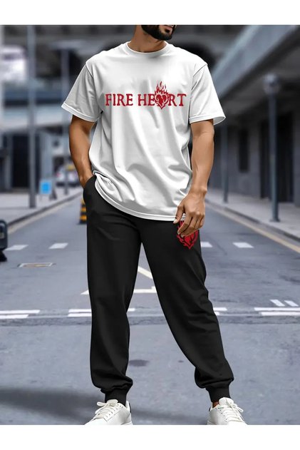 Men's Comfortable Fire Heart Printed T-Shirt and Sweatpants Set, Round Neck, Regular Fit