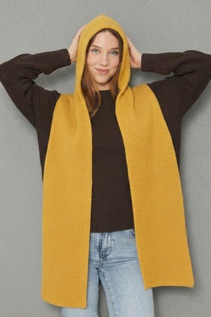 Women's Soft Textured Hooded Scarf Thessaloniki Knitted Hooded Shawl 13038 Mustard