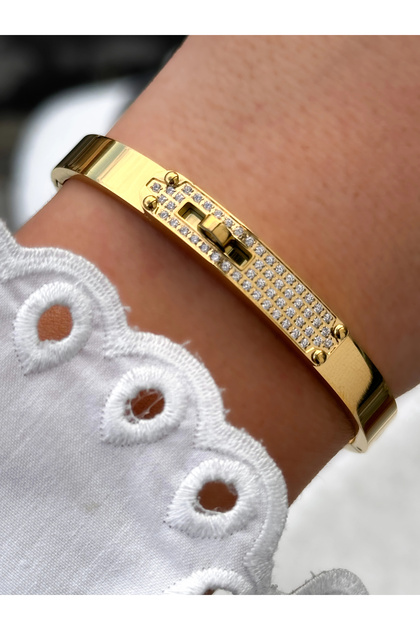 Yellow Steel Handcuff Cord Crystal Stone Women's Bracelet Frjw10028A-B 2 Year Warranty Gift Boxed