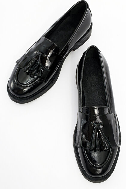 Tasseled Genuine Patent Leather Black Women's Loafer Shoes Women's Casual Classic Tassel Detailed Shoes