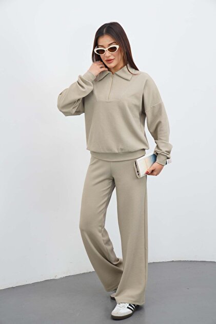 Women's Beige Color Tracksuit Set Oversized Zippered Sweatshirt Pants