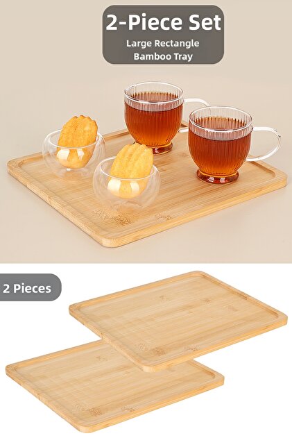 2 Large Bamboo Presentation Plates - Rectangular Cheese Breakfast Serving Plate Presentation Tray 23X20 cm