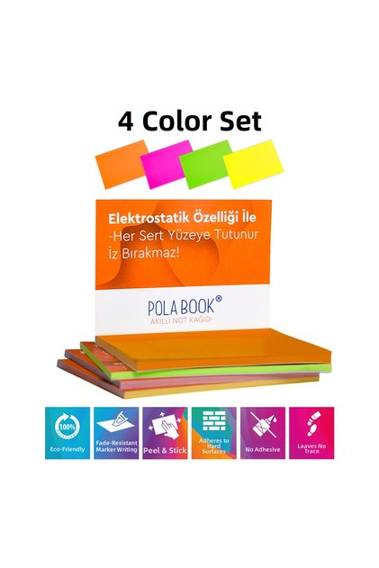 Smart Note Paper 7X10 cm 50 Sheets - Non-Adhesive Post-It - 4 Pieces - Orange Pink Green Yellow