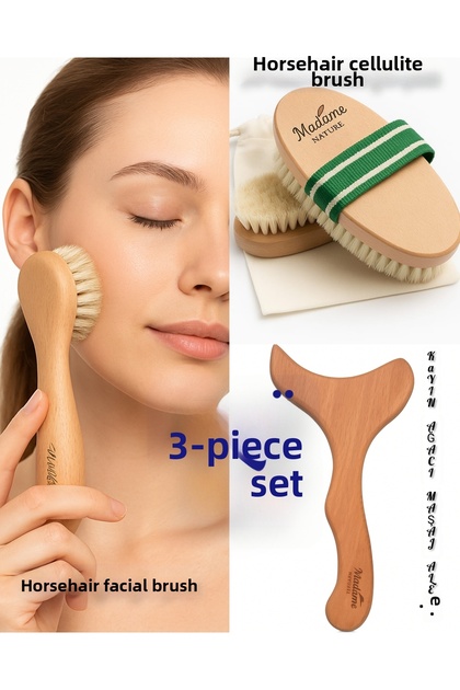 100% Horsehair Cellulite Brush, Facial Brush and Wooden Massage Tool (with a Gift Bag)