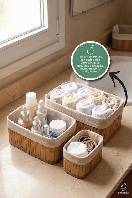 Set organizator din bambus 3 piese multifuncțional pentru baie, bucătărie, dulap, set de coșuri, elegant, durabil
