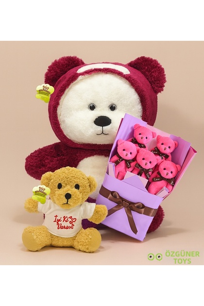 Meaningful Gift for a Loved One – 90 cm Plush Bear + Fuchsia Teddy Bear Bouquet + 25 cm You Are My Sunshine Teddy Bear