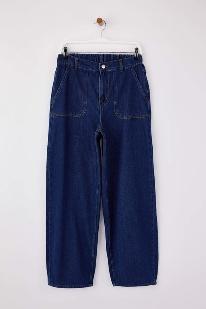 Koyu Mavi DÖKÜMLÜ Beli Lastikli Yüksek Bel %100 Pamuk Baggy Jeans TWOSS26JE00064