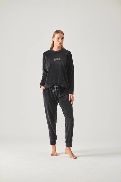 Black Wild Stone Printed Velvet Pajama Set