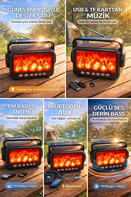 Zineets Büyük Boy Nostaljik Radyo Fm Ahşap Şömine Görünümlü