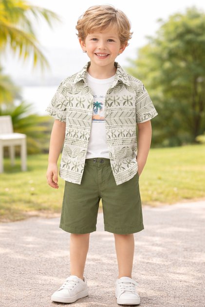 Stylish Patterned Shirt Leaf Print Adjustable Waist Short Sleeve Shorts 3-Piece Set Children's and Baby Clothing Special