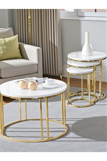 4 Lü Tam Beyaz Suntalam Gold Metal Ayaklı Cam C Model Sehpa Takımı (ZİGON VE ORTA)