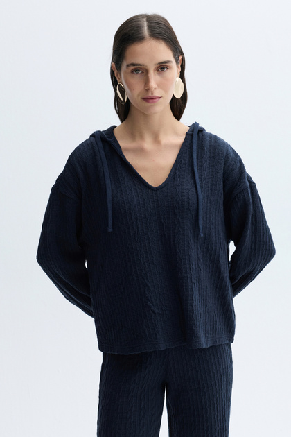 Women's Navy Blue Hooded V-Neck Knitted Sweatshirt