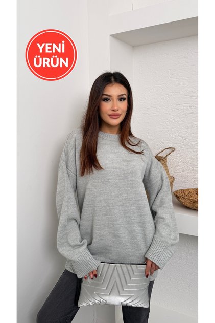 Kadın Bisiklet Yaka Oversize Kalın Triko Kazak Gri