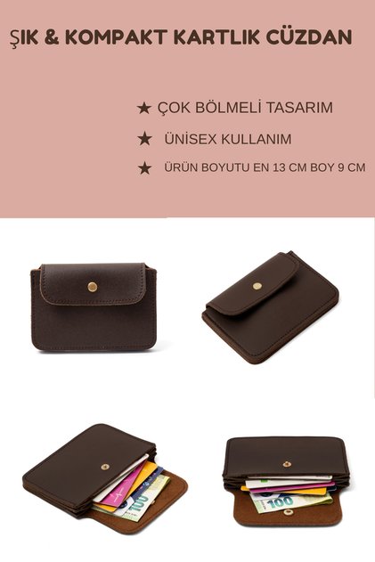 Unisex Kahverengi Suni Deri Akordiyon Modeli Çok Bölmeli Kartlık Kadın Cüzdan & Kartvizitlik