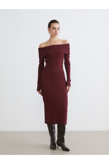 Lcw Comfort Red Boat Neck Knit Dress