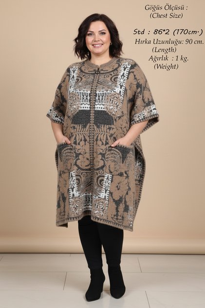 Knitwear Women's Plus Size Bearded Poncho Bat Sleeve Winter Very Thick Oversized Mom Cardigan