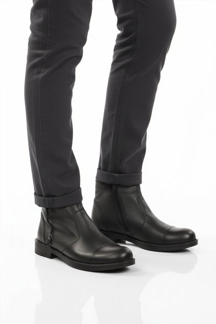 Black Genuine Leather Fur Cold Resistant Non-Slip Men's Boots 797 m