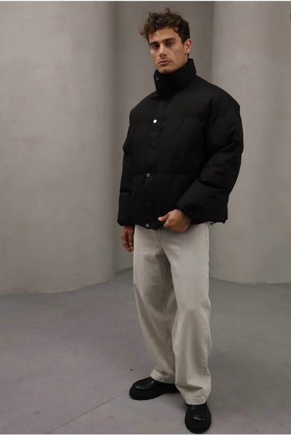 Atk Clothing Men's Black Oversized Puffer Inflatable Coat Fiber Filling with Fleece Inside