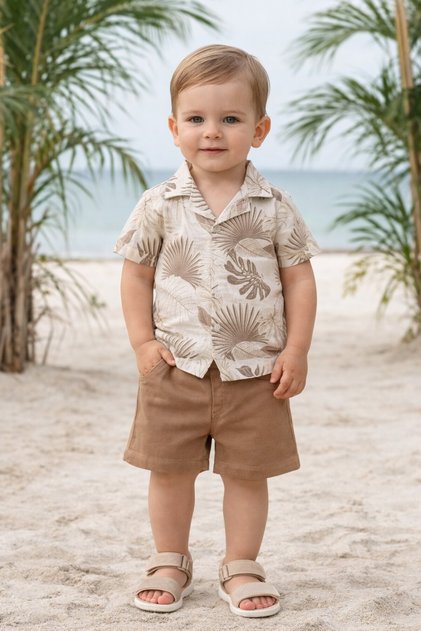 Stylish Leaf Print Shirt Adjustable Waist Slopes Short Sleeve Shorts 2-Piece Set Children and Baby