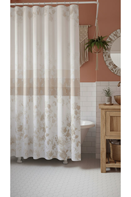 Çiçekli Banyo Duş Perdesi-kahverengi Renk Duş Perdesi, Tek Kanat Küvet Perdesi 180x200 Cm
