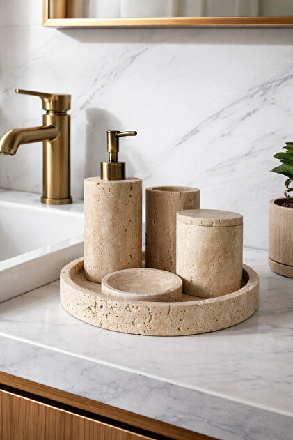Doğal Traverten Taş Banyo Seti – Sıvı Sabunluk ve Diş Fırçalık | Minimal Lüks Tasarım