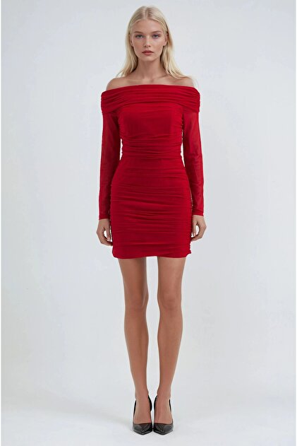 Red Draped Madonna Collar Mini Dress 2933 R5-J-K5