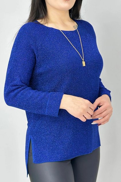 Women's Blue Crew Neck Silvery Thin T-Shirt Double Sleeve Cuffed Blouse