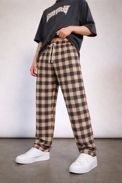 Unisex Ekose Kahve Bej Kareli Kalın Kumaş Kışlık Pijama Eşofman