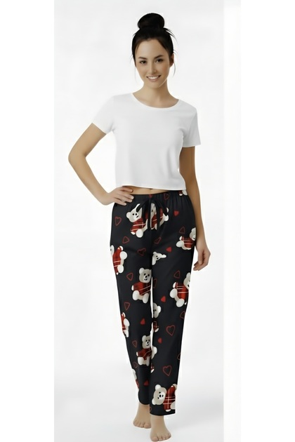 Women's Pajama Bottoms Winter Relaxed Fit Soft Textured Colorfast Velvet Fabric Teddy Bear Pattern