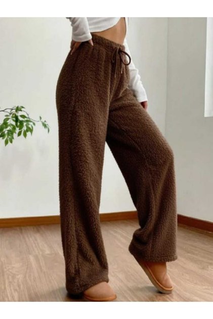 Peluş  alt Eşofman Sonbahar ve Kış için Rahat Lastikli Bel, Kahve Rengi Sıcak Pantolon, Kadın