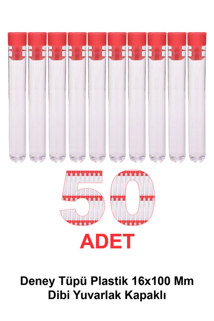 Deney Tüpü Plastik 16x100 mm / Dibi Yuvarlak Kapaklı x 50 Adet